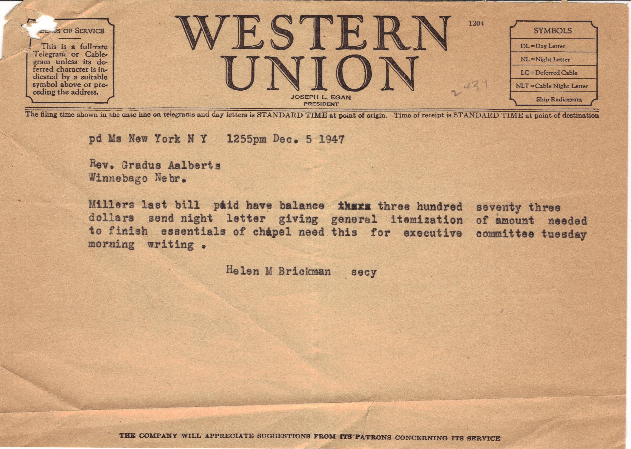 Telegram from New York, December 5, 1947